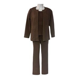 Midnight Velvet Scuba Knit Desk to Dinner Office Cocktail Party Brown Pant Suit